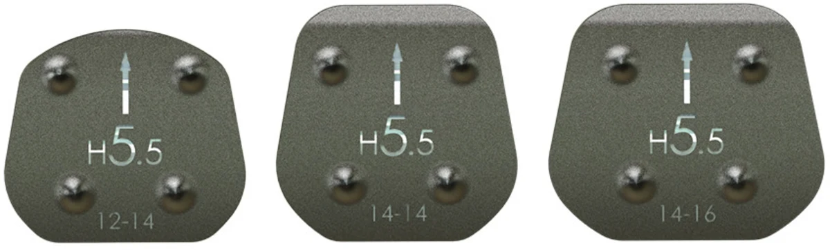 Las tres huellas de PROCORAL: 12x14, 14x14 y 14x16 milímetros, con la marca de altura grabada